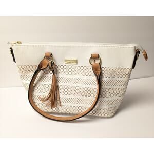 Minicci Crossbody Shoulder Purse Handbag White Trapezoid Floral Cut Out Design